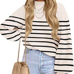 Casual Turtleneck Long Lantern Sleeve Oversized Ribbed Knit Pullover Sweater